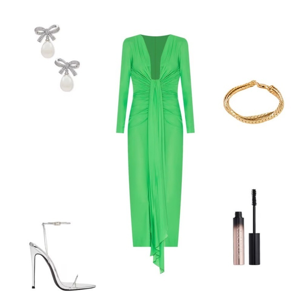 NWT SOLACE London Lorena Deep V-Neck Long Dress Neon Green Long Sleeve Size 0 - Picture 2 of 11